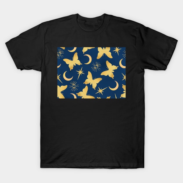 Gold Stamped Butterflies and Sunbursts on Blue T-Shirt by FrostedSoSweet